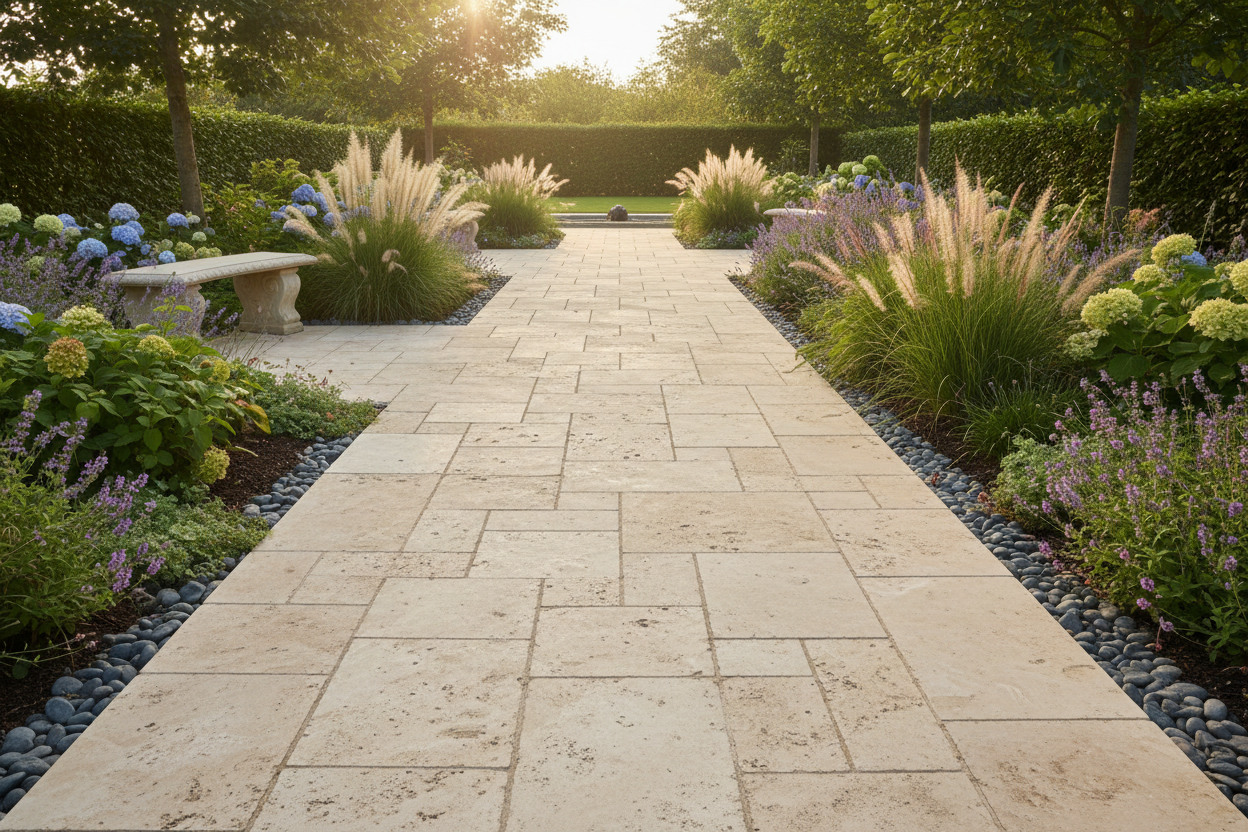 egyptian limestone paving 600x900 in a garden